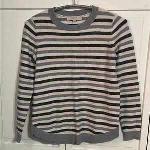 LOFT Gray and White Striped Crew Neck Sweater